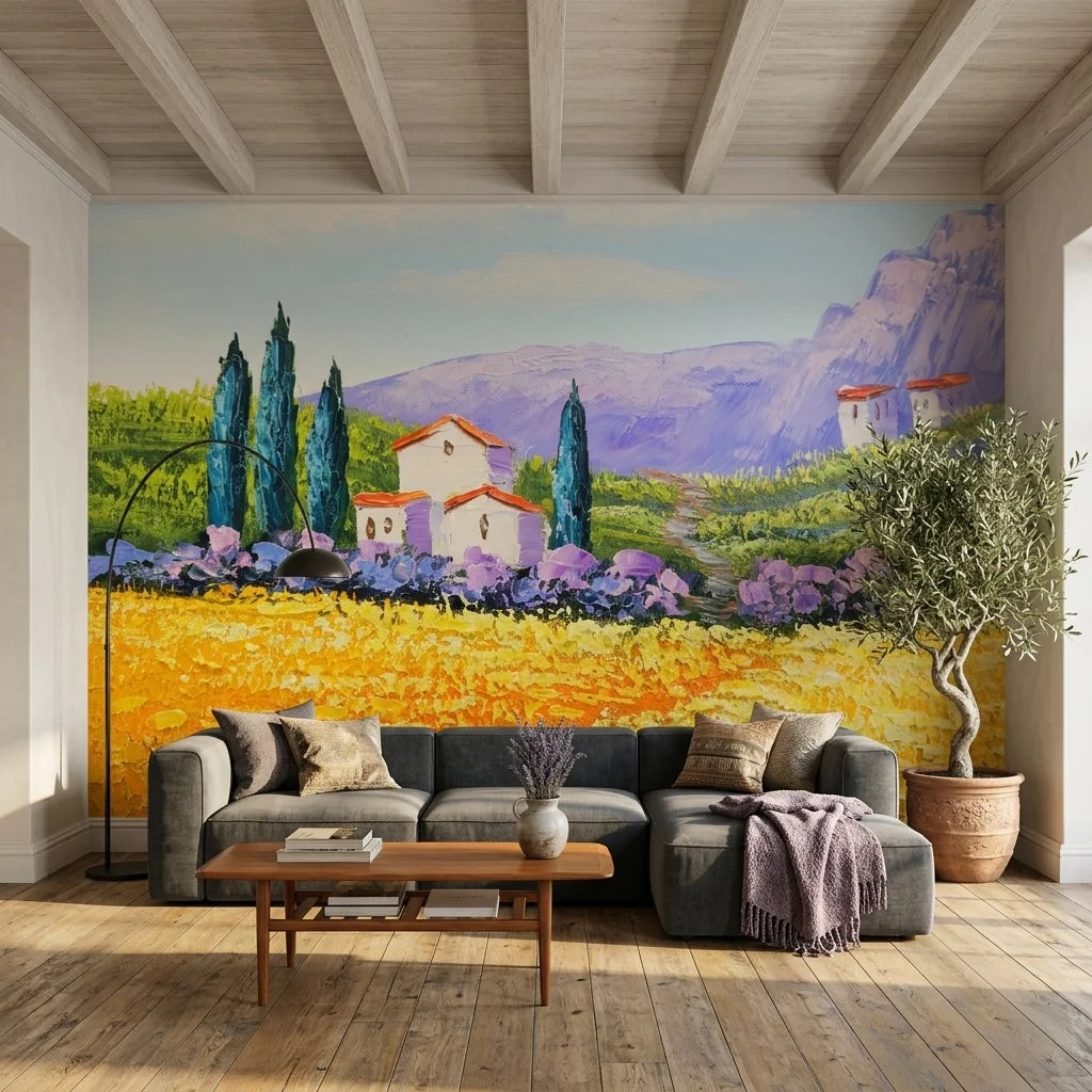 Textured Tuscan landscape with cypress trees peel and stick wallpaper - Cypress & Gold