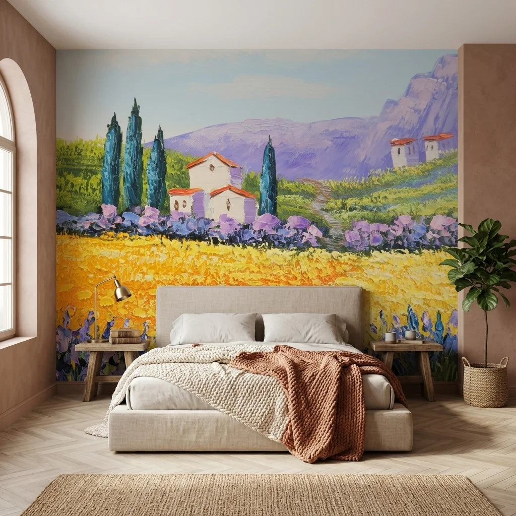 Cypress & Gold tuscan landscape painterly wallpaper in a warm and inviting living room