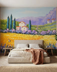 Cypress & Gold tuscan landscape painterly wallpaper in a warm and inviting living room