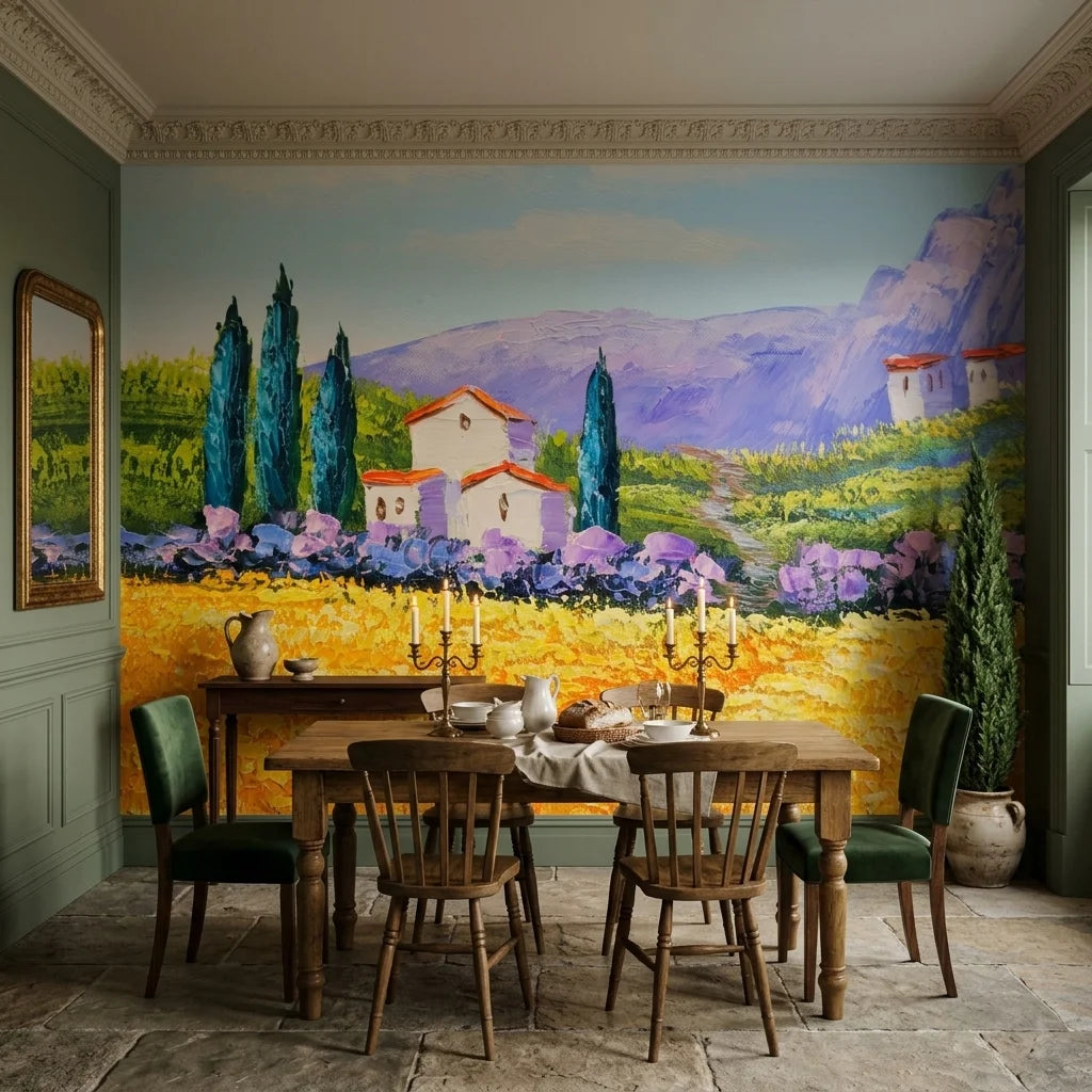 Cypress & Gold tuscan landscape painterly wallpaper adding character to a cozy bedroom
