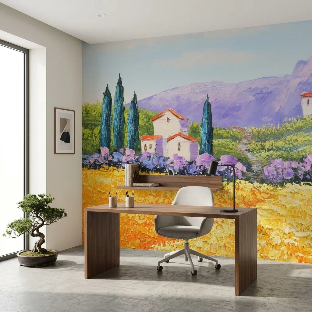 Cypress & Gold tuscan landscape painterly wallpaper as a feature wall in a bright home office