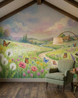 Watercolor countryside mural with wildflowers, butterflies, and cottages on Dandelion Wishes peel and stick wallpaper