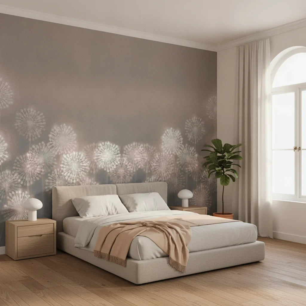 Dandelion Drift dreamy botanical silhouette in a warm and inviting living room