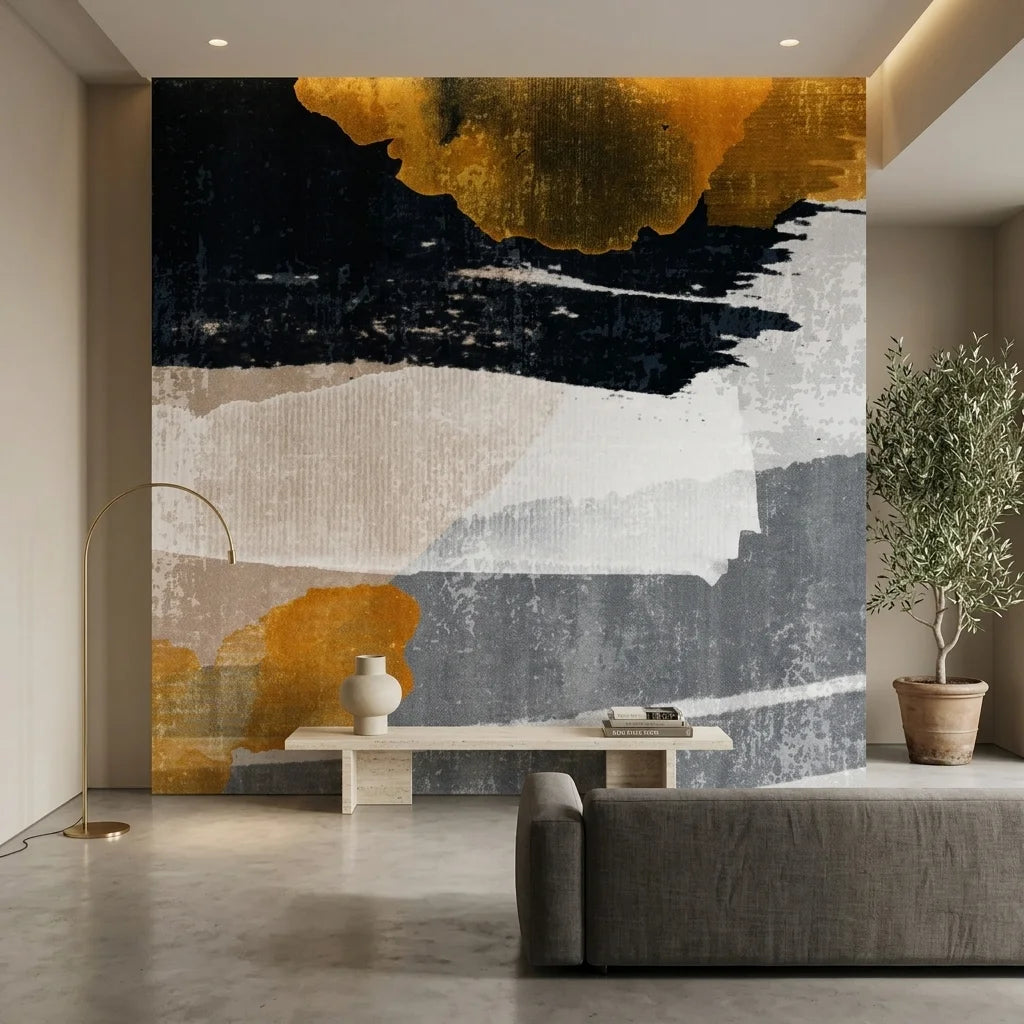 Matte black charcoal and gold abstract peel and stick wallpaper - Dark Ember