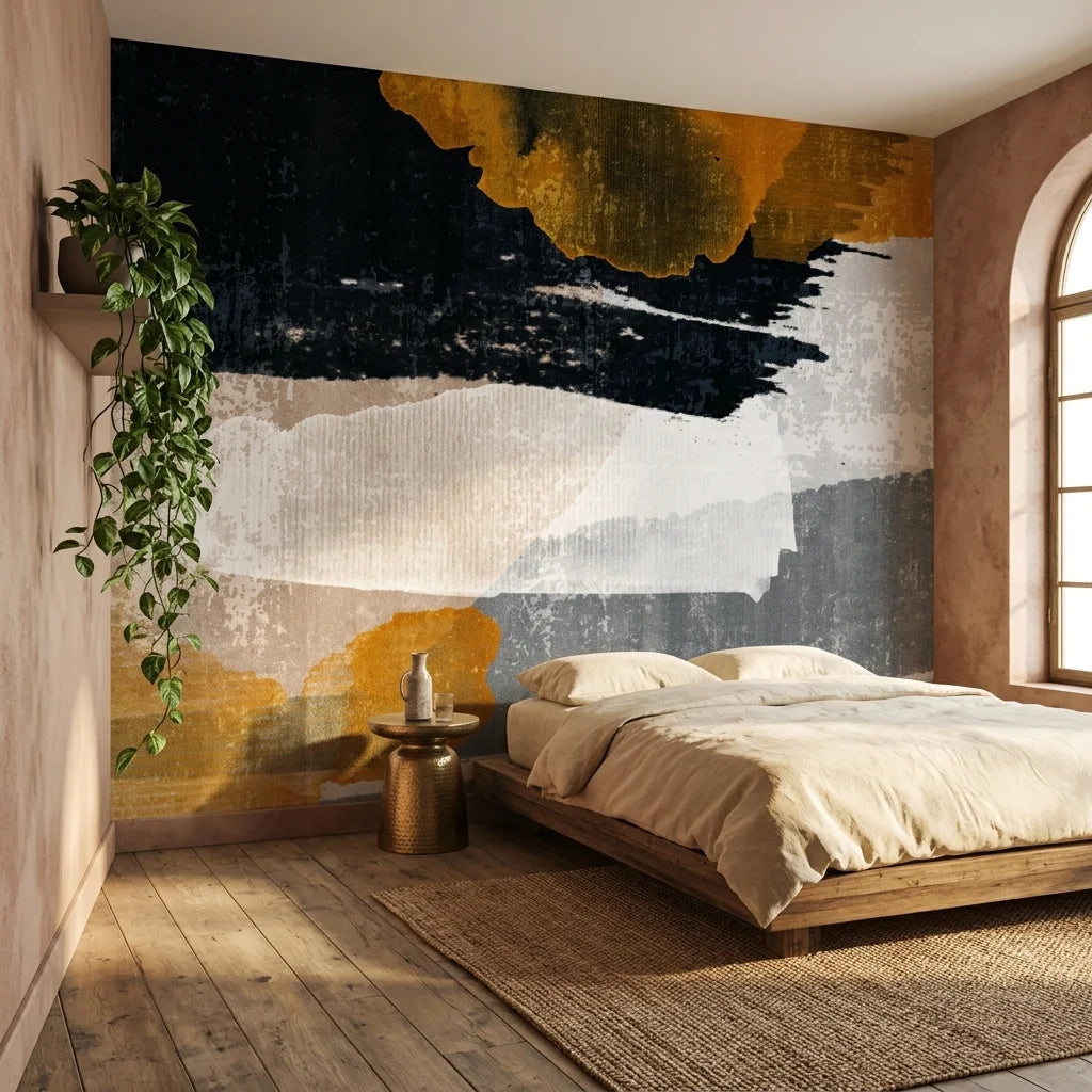 Dark Ember black and gold abstract wallpaper in a warm and inviting living room