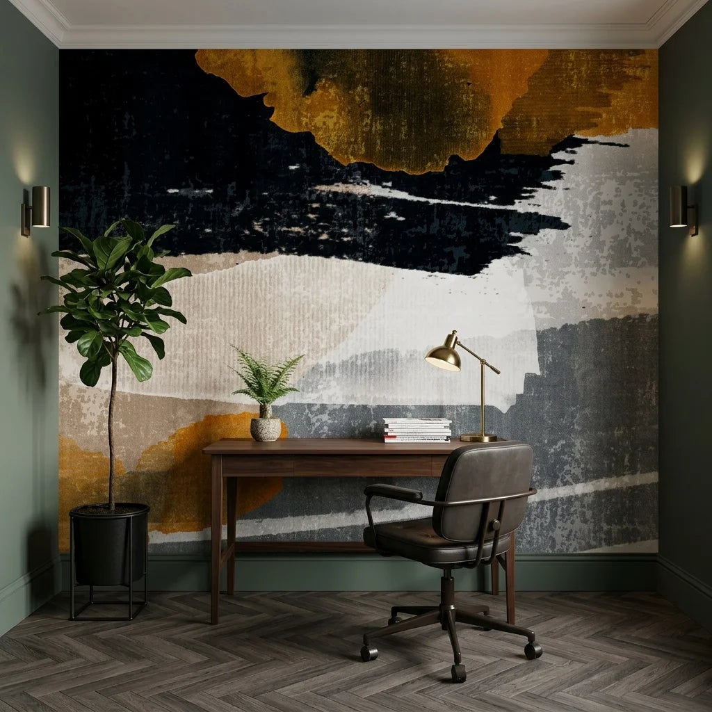 Dark Ember black and gold abstract wallpaper adding character to a cozy bedroom