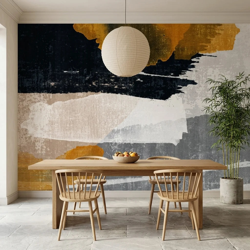 Dark Ember black and gold abstract wallpaper as a feature wall in a bright home office