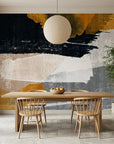 Dark Ember black and gold abstract wallpaper as a feature wall in a bright home office