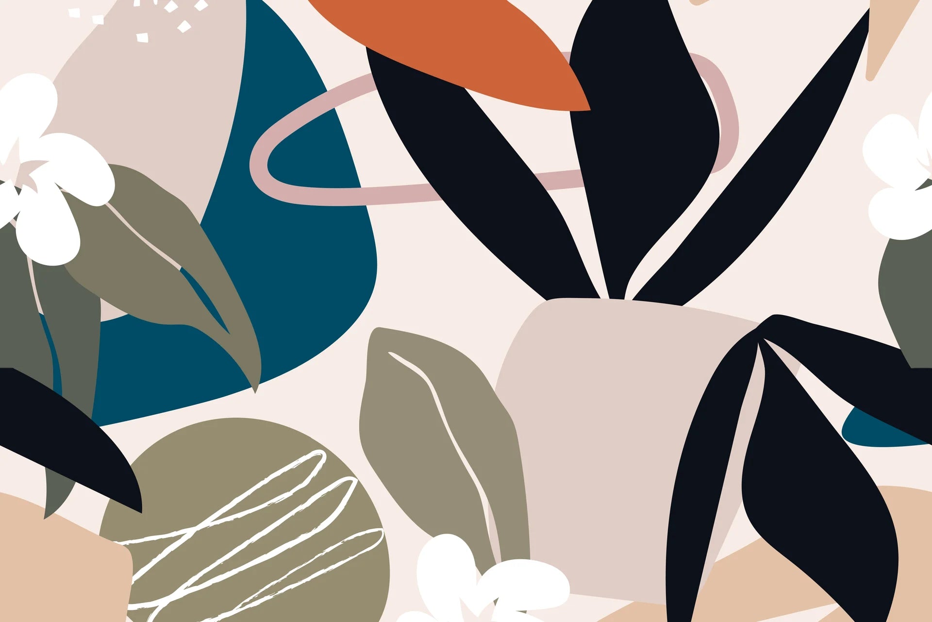 Striking dark wallpaper with sculptural white floral elements