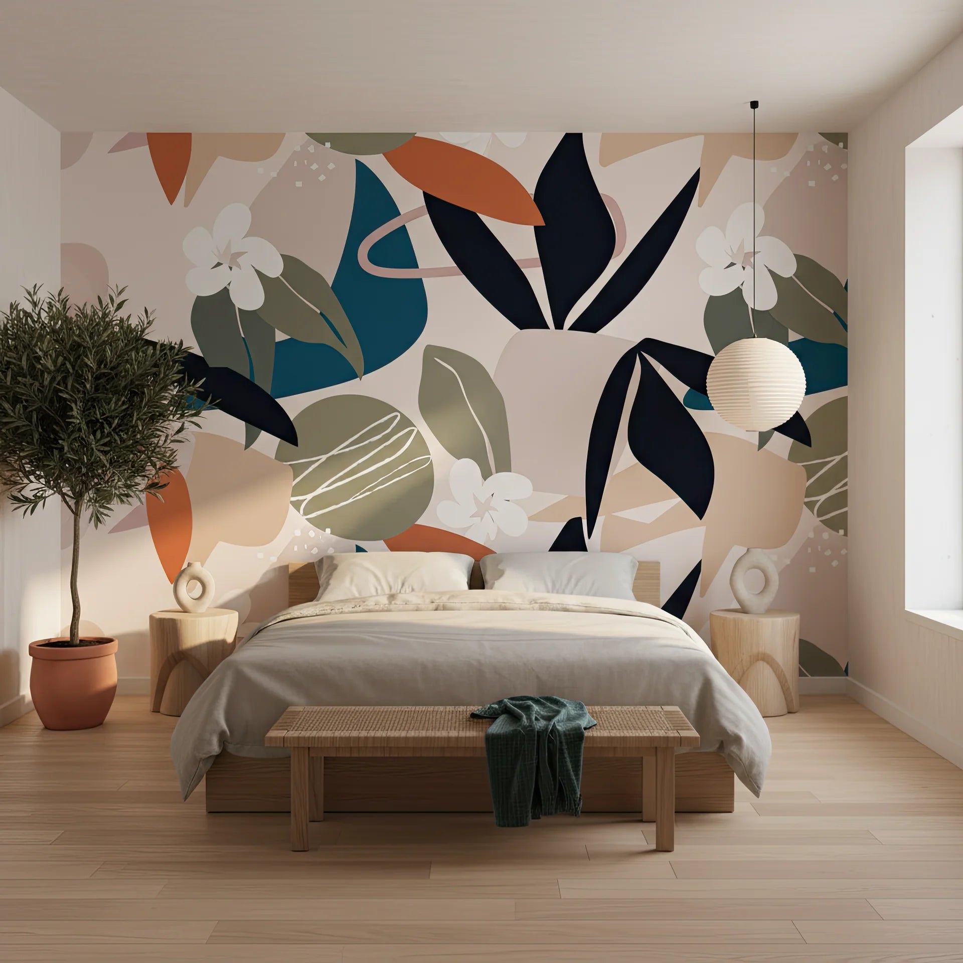 Modern botanical peel and stick wallpaper with geometric leaf forms