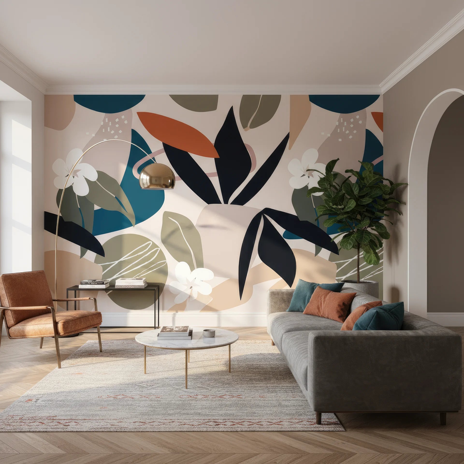 Dark wallpaper featuring bold teal, black and white flora patterns