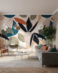 Dark wallpaper featuring bold teal, black and white flora patterns