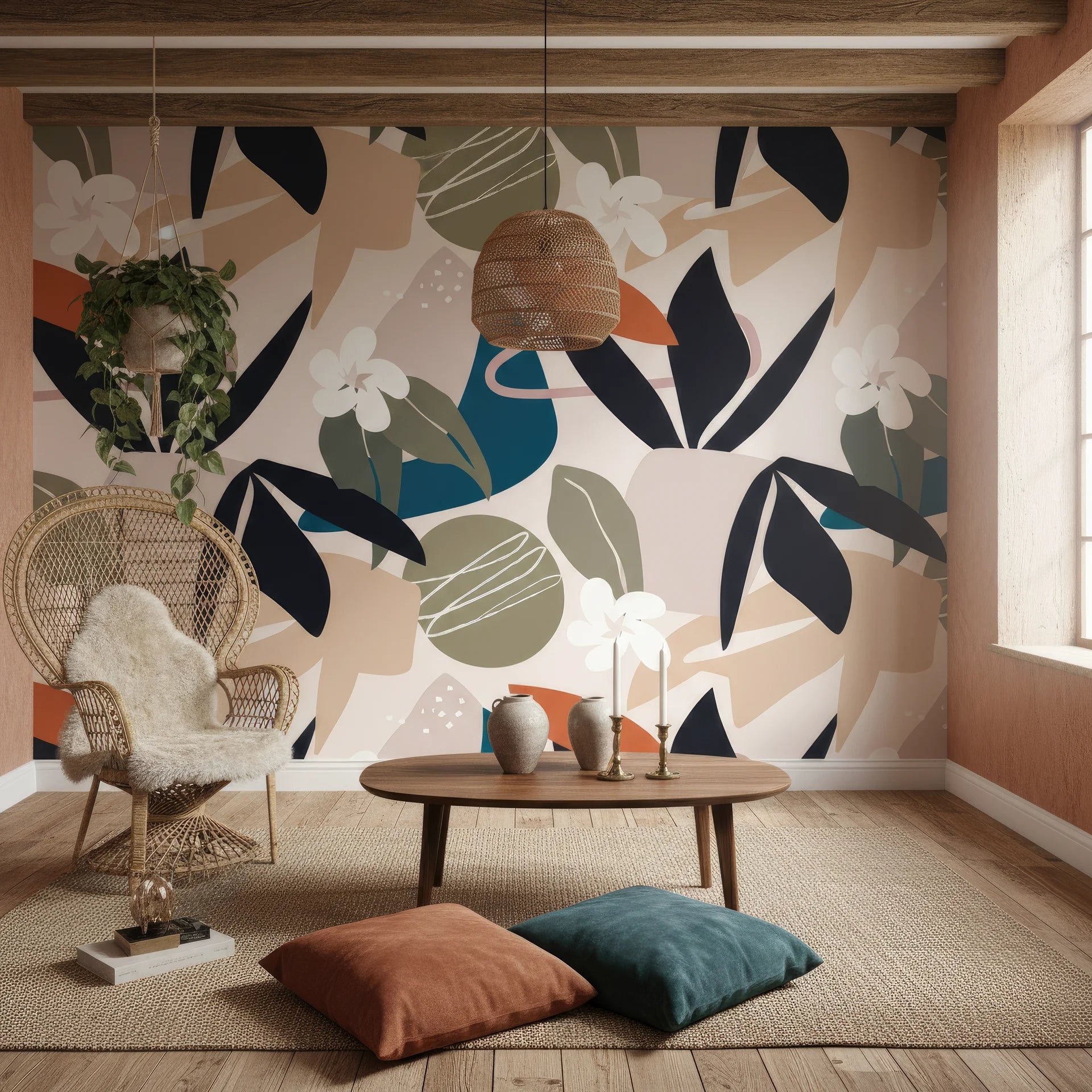 Geometric leaf pattern wallpaper sample in jewel tones and black