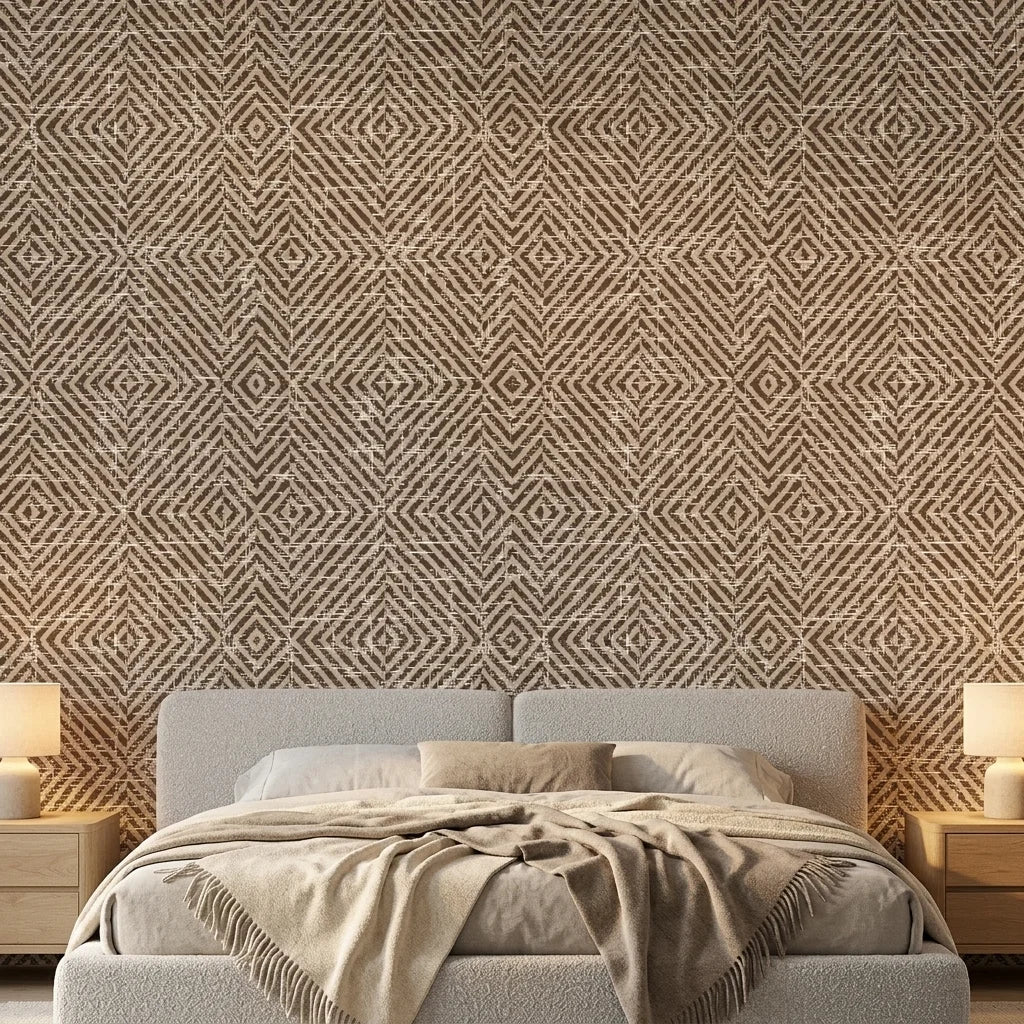 Dark Weave neutral geometric peel and stick wallpaper adding character to a cozy bedroom