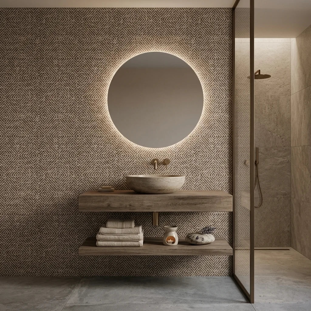 Dark Weave neutral geometric peel and stick wallpaper creating ambiance in a serene bathroom