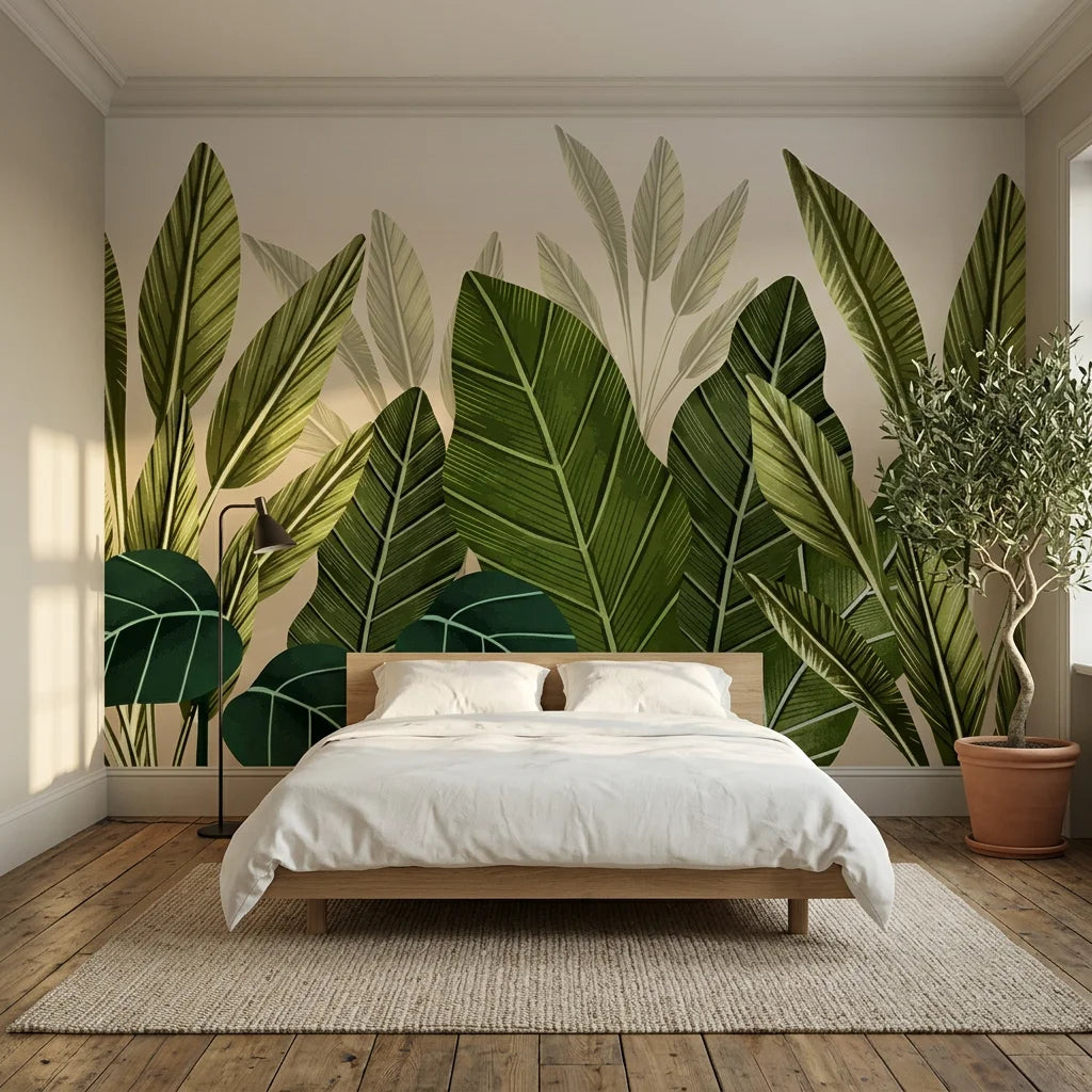 Tropical Deep Canopy wallpaper with oversized green palm leaves on neutral background in sunlit bedroom