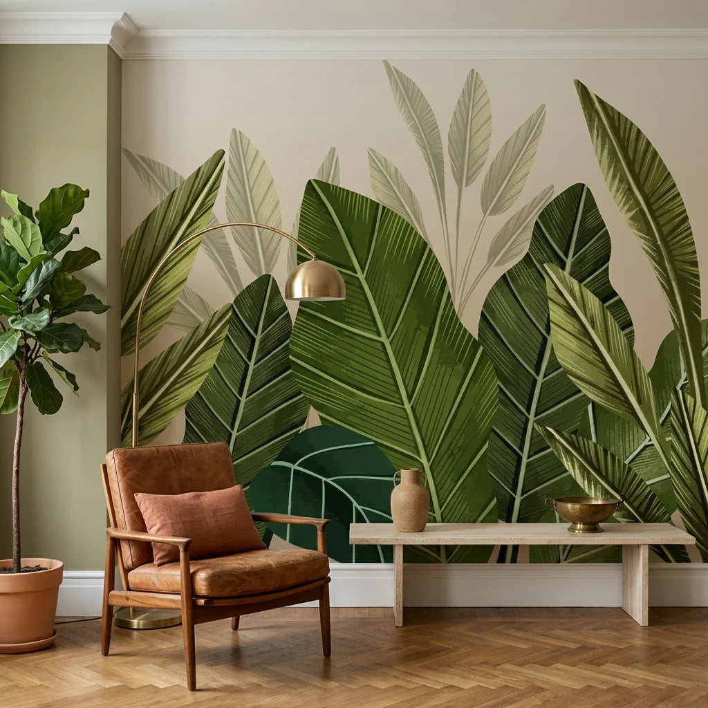 Tropical green and cream Deep Canopy botanical wallpaper on living room accent wall with mid-century furniture