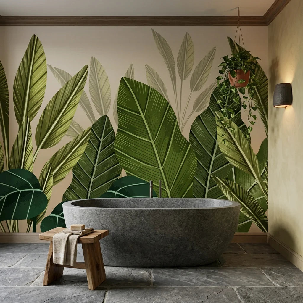 Deep Canopy removable wallpaper with green palm leaves in modern spa bathroom with stone tub