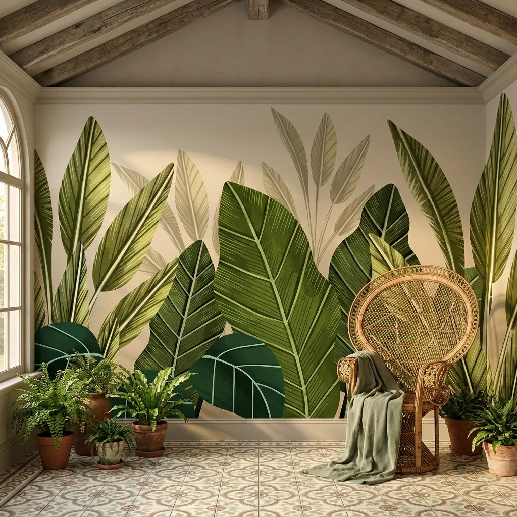 Green and cream Deep Canopy tropical leaf wallpaper in sunlit bohemian living room with peacock chair