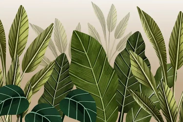 Tropical Deep Canopy wallpaper featuring layered green and sage palm leaves on beige background