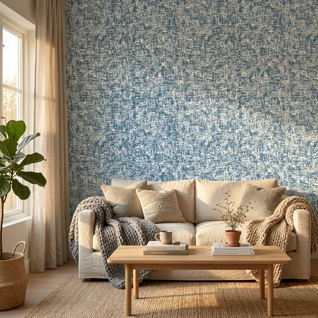 Deep Current coastal blue abstract wallpaper in a warm and inviting living room