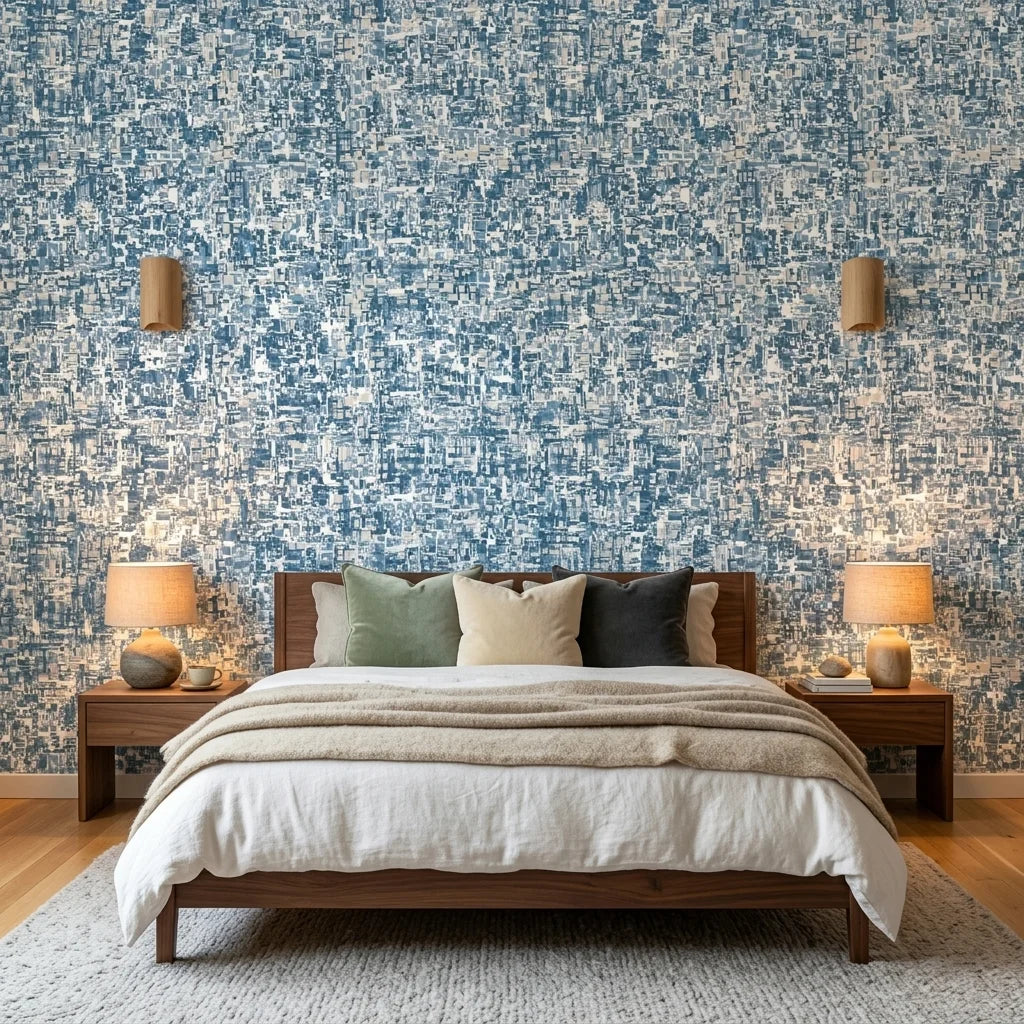 Deep Current coastal blue abstract wallpaper adding character to a cozy bedroom