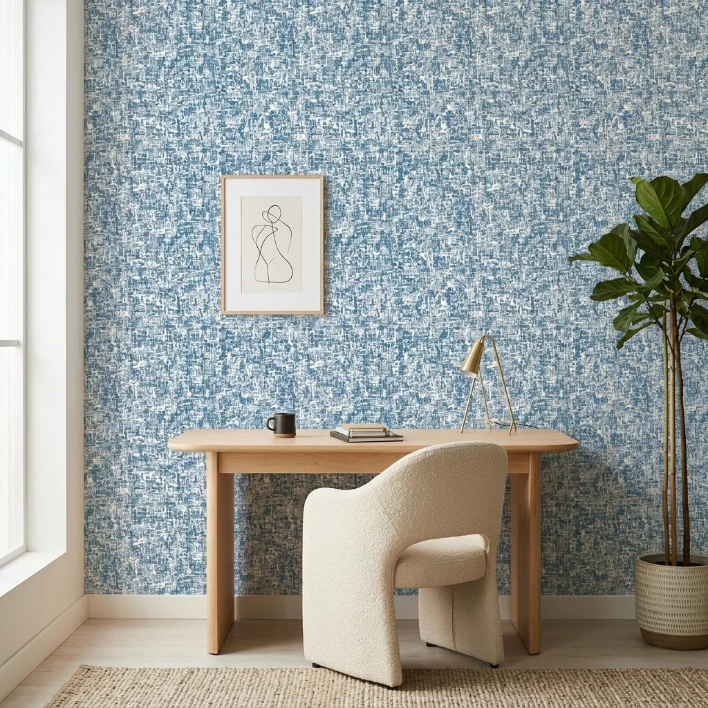 Deep Current coastal blue abstract wallpaper as a feature wall in a bright home office