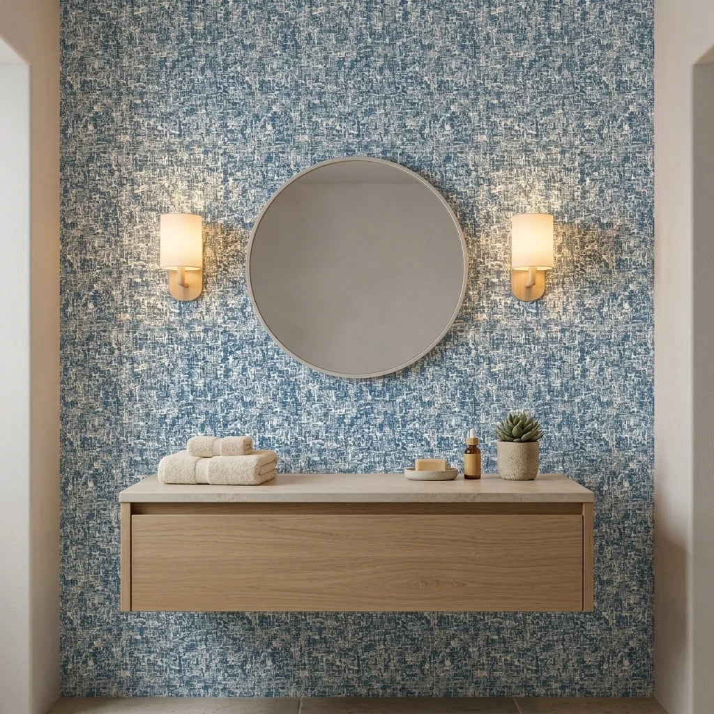 Deep Current coastal blue abstract wallpaper creating ambiance in a serene bathroom