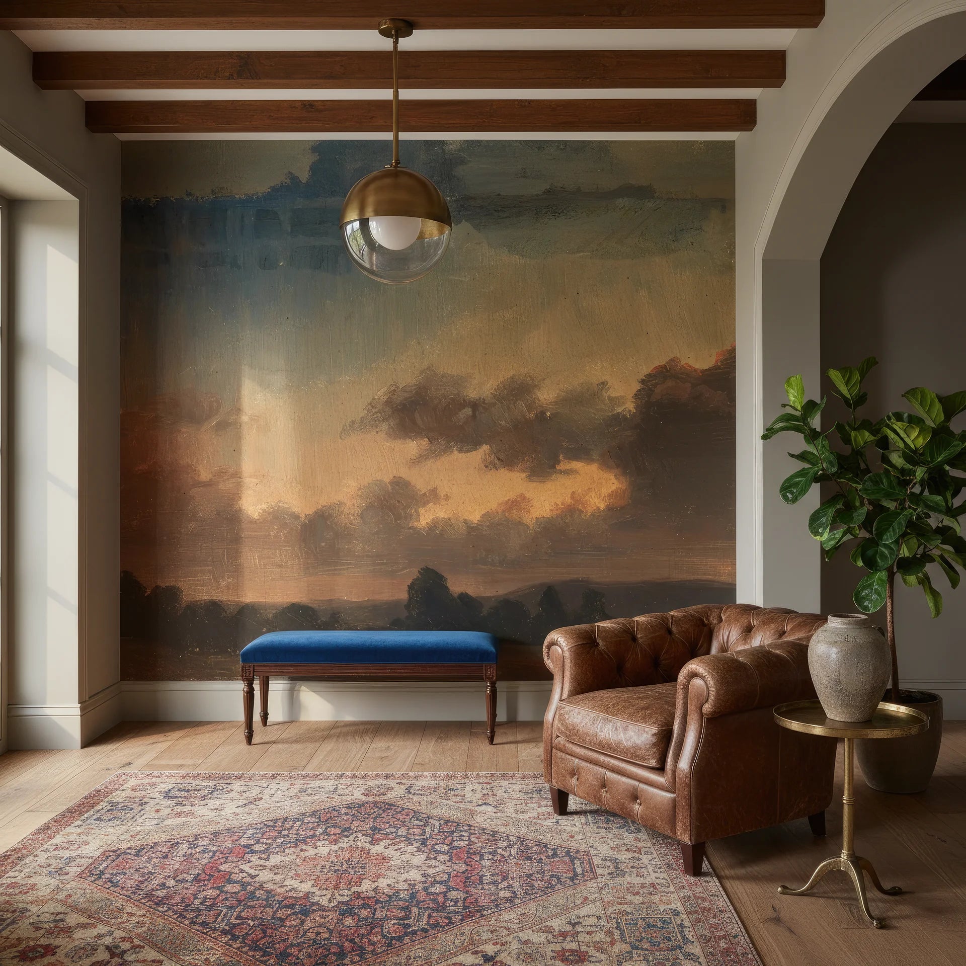 Dramatic landscape mural wallpaper Deep Forest with stormy skies in living room with exposed wood beams