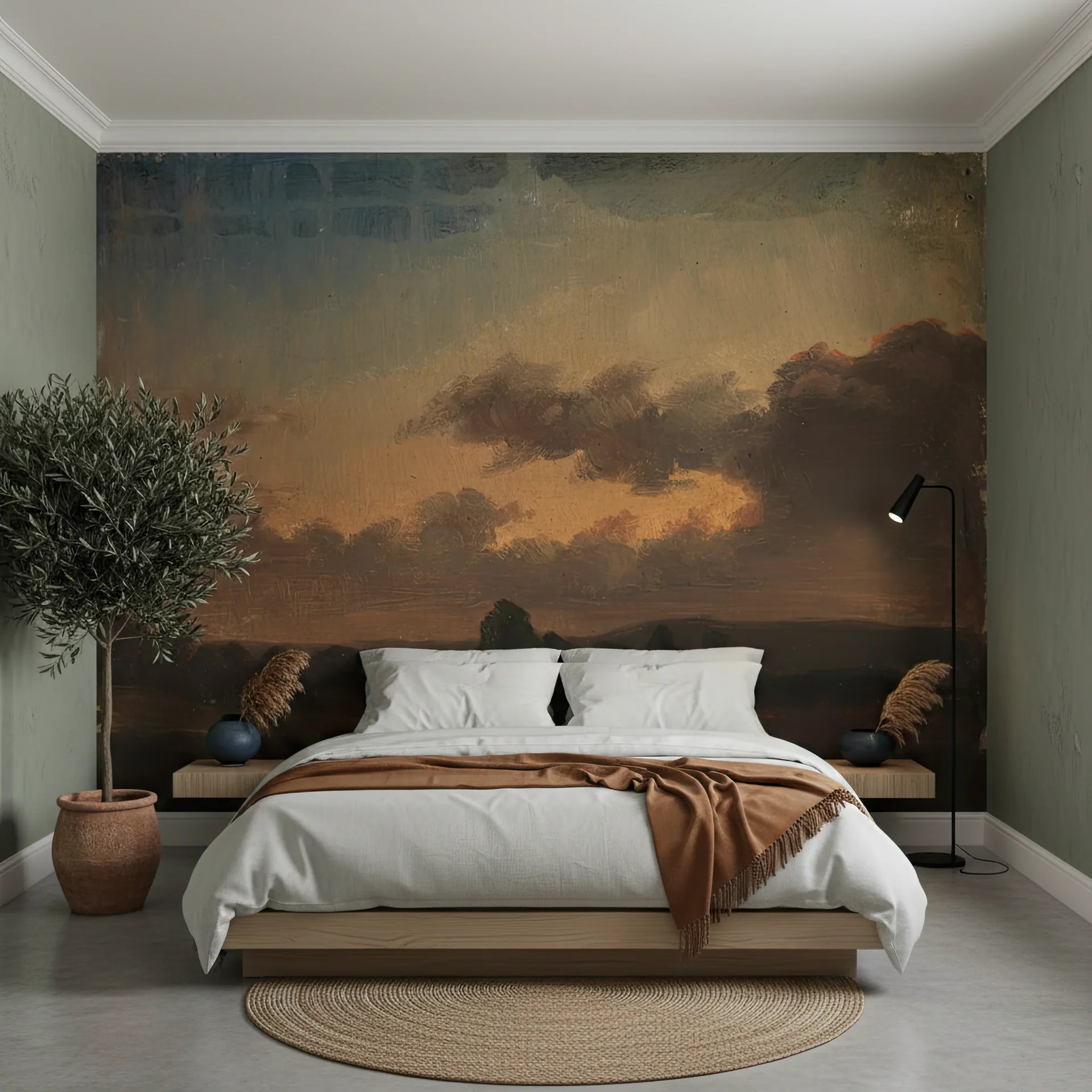 Moody sunset sky with layered clouds on Deep Forest peel and stick wallpaper behind modern bedroom