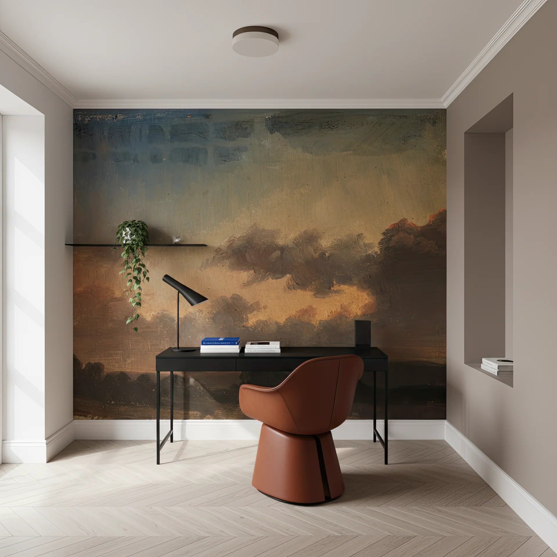 Deep Forest atmospheric landscape wallpaper with amber and teal clouds in modern home office