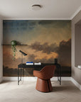 Deep Forest atmospheric landscape wallpaper with amber and teal clouds in modern home office