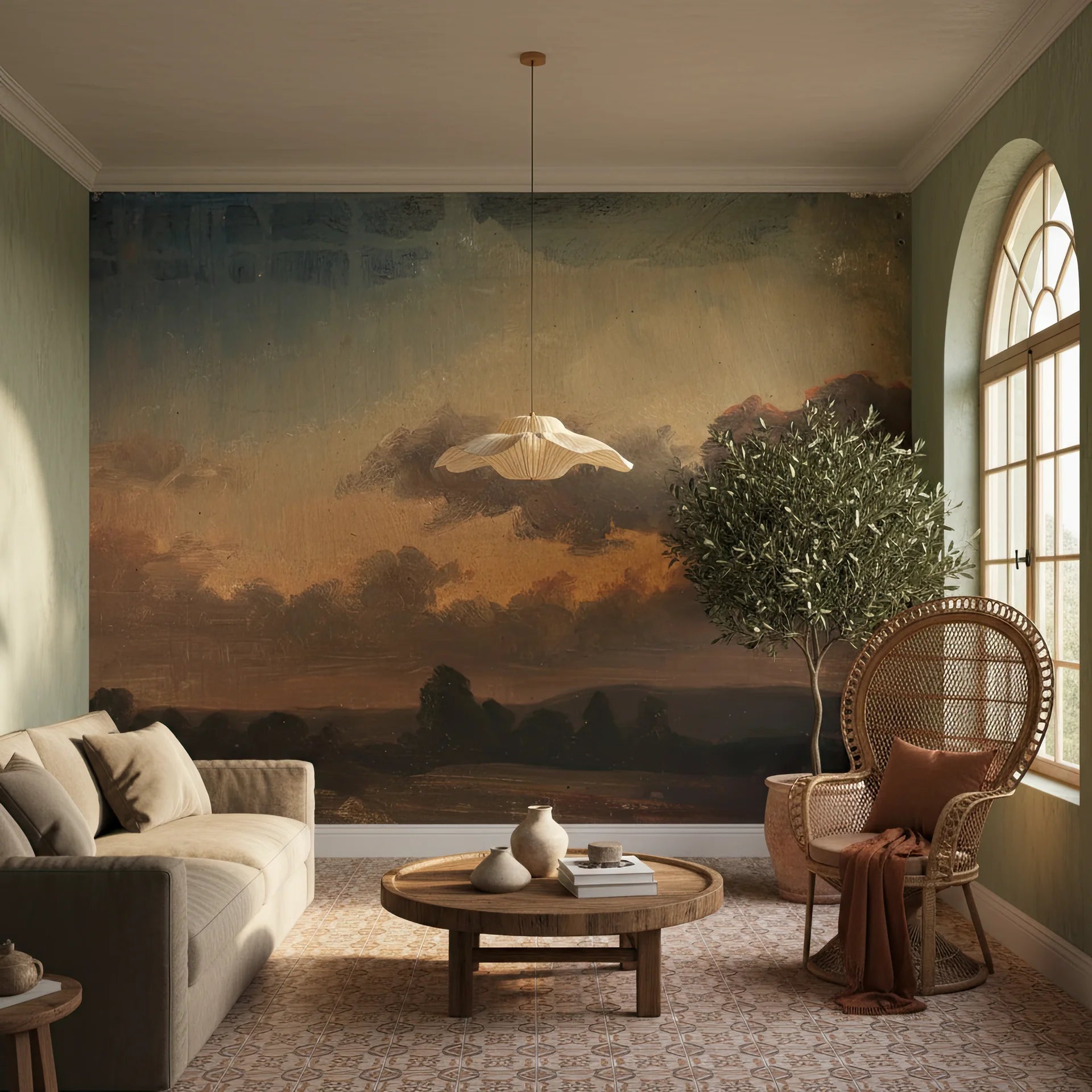 Amber and charcoal Deep Forest sunset mural wallpaper in living room with natural light