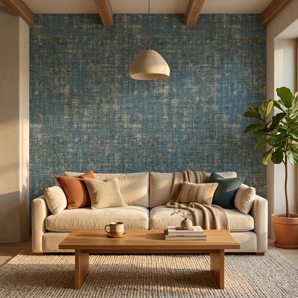 Deep Loom textured blue abstract wallpaper in a warm and inviting living room
