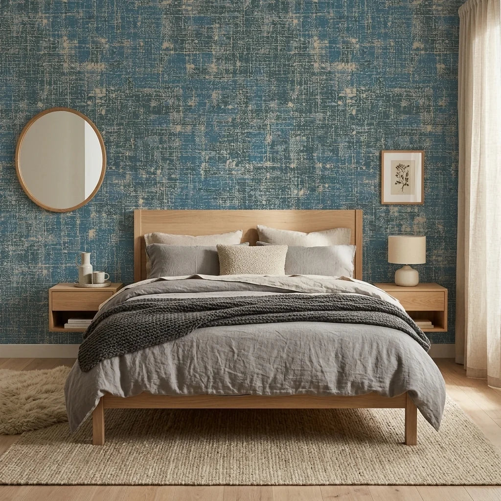Deep Loom textured blue abstract wallpaper adding character to a cozy bedroom