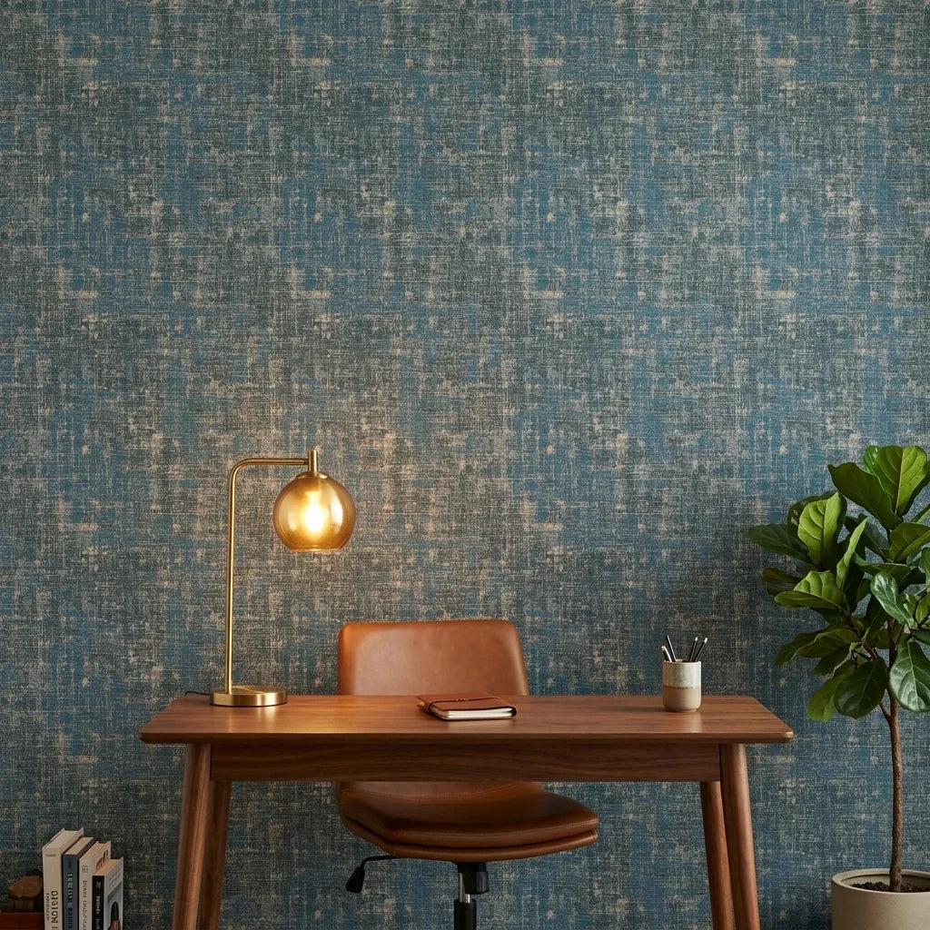 Deep Loom textured blue abstract wallpaper as a feature wall in a bright home office