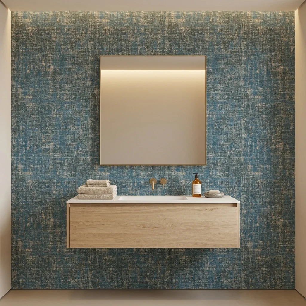 Deep Loom textured blue abstract wallpaper creating ambiance in a serene bathroom
