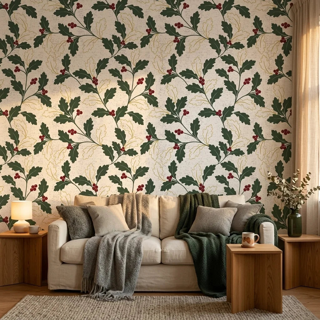 Deep Oak elegant green botanical wallpaper in a warm and inviting living room