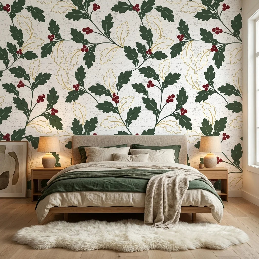 Deep Oak elegant green botanical wallpaper adding character to a cozy bedroom