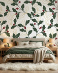 Deep Oak elegant green botanical wallpaper adding character to a cozy bedroom