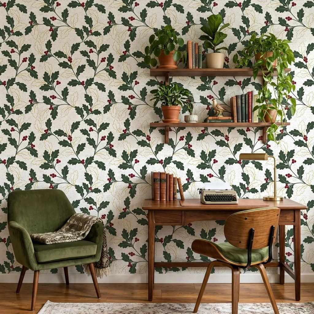 Deep Oak elegant green botanical wallpaper as a feature wall in a bright home office