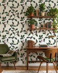 Deep Oak elegant green botanical wallpaper as a feature wall in a bright home office