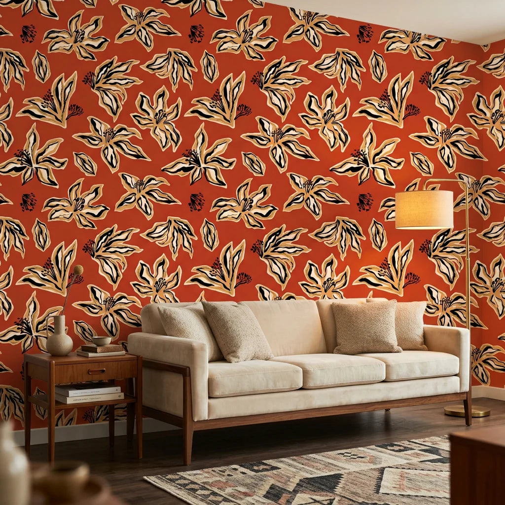 Desert Blaze cacti wallpaper in a warm and inviting living room