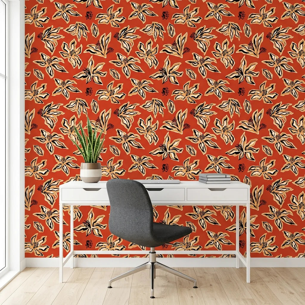 Desert Blaze cacti wallpaper as a feature wall in a bright home office