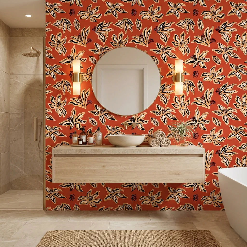 Desert Blaze cacti wallpaper creating ambiance in a serene bathroom