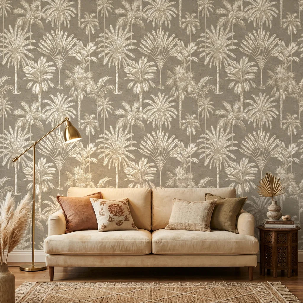 Desert Bloom cactus flower wallpaper in a warm and inviting living room