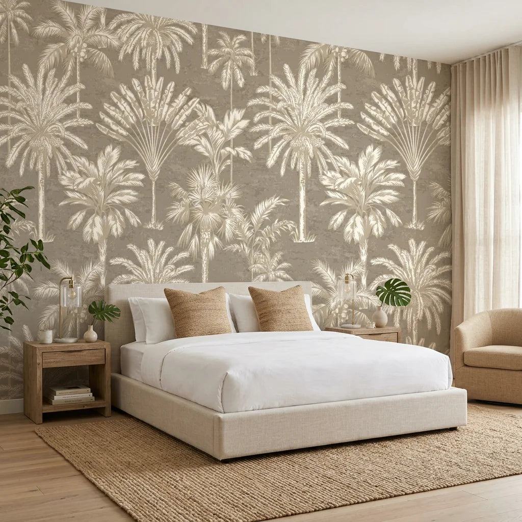 Desert Bloom cactus flower wallpaper adding character to a cozy bedroom