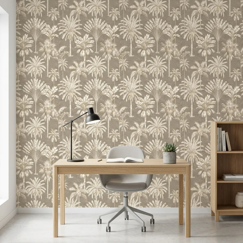 Desert Bloom cactus flower wallpaper as a feature wall in a bright home office