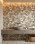 Desert Bloom cactus flower wallpaper creating ambiance in a serene bathroom