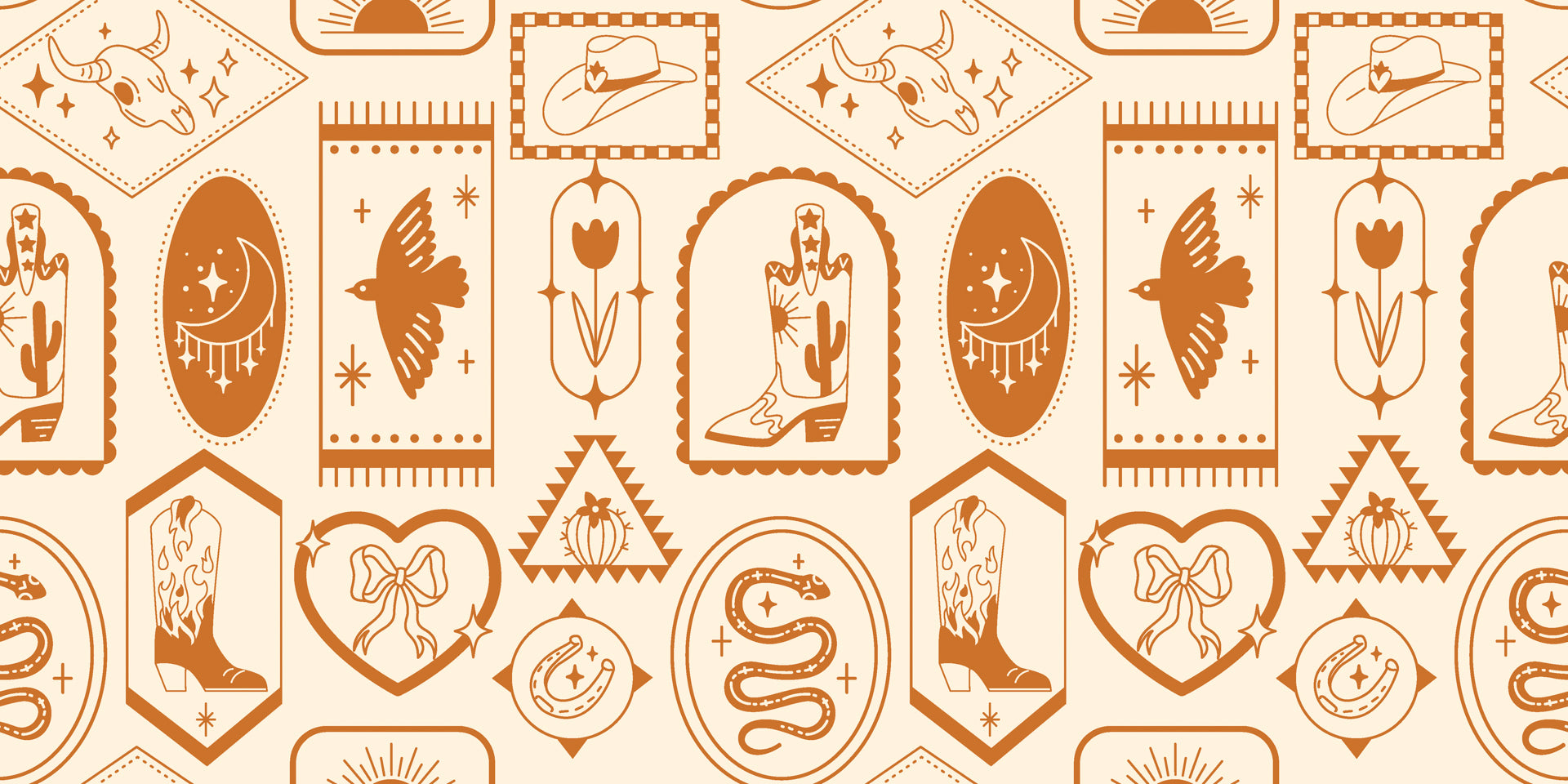 Western icon wallpaper featuring cowboy boots, horseshoes, moons, snakes, and desert motifs in warm clay tones.